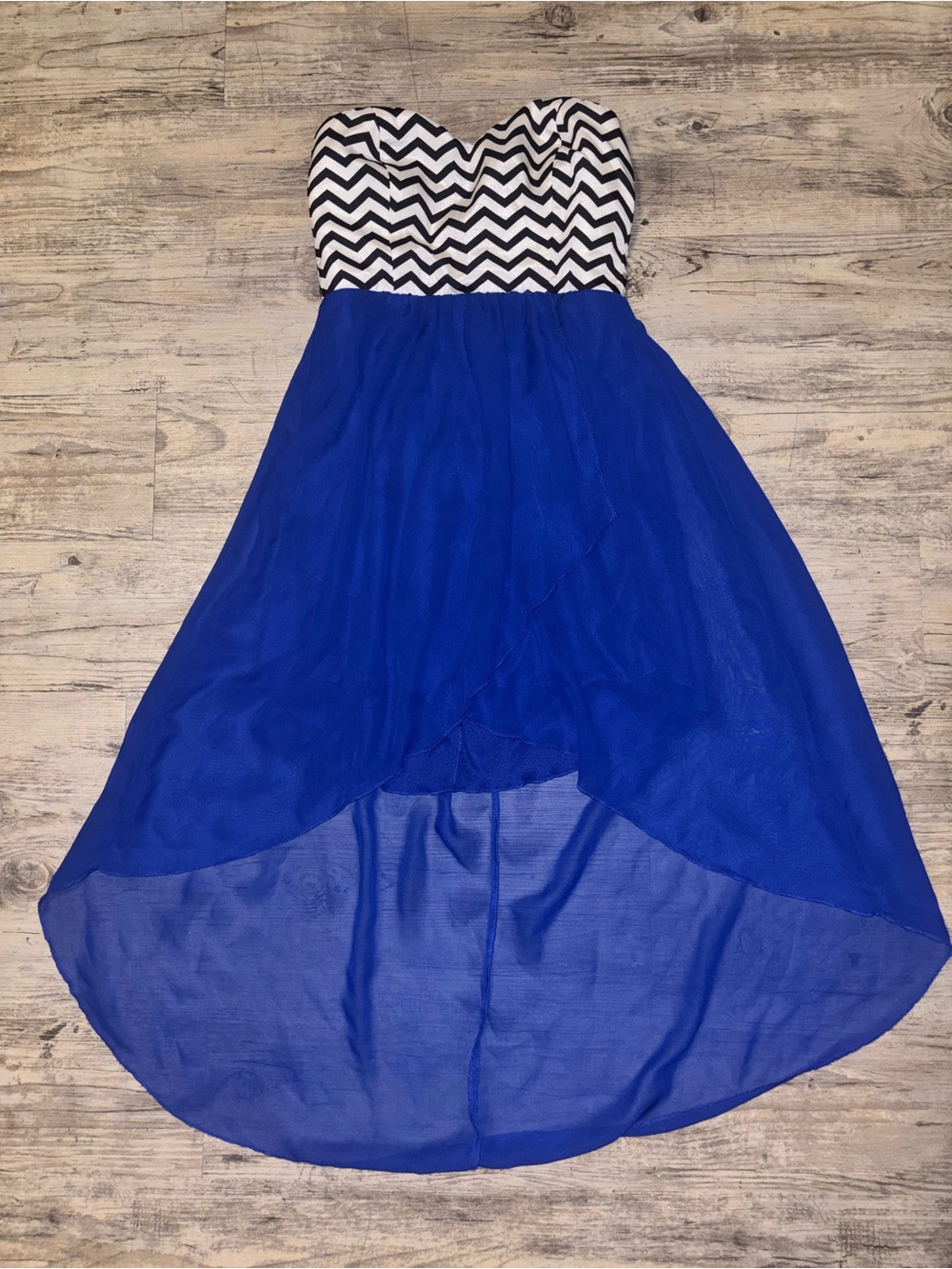 Trixxi Black & White Chevron Strapless Dress with Royal Blue Skirt